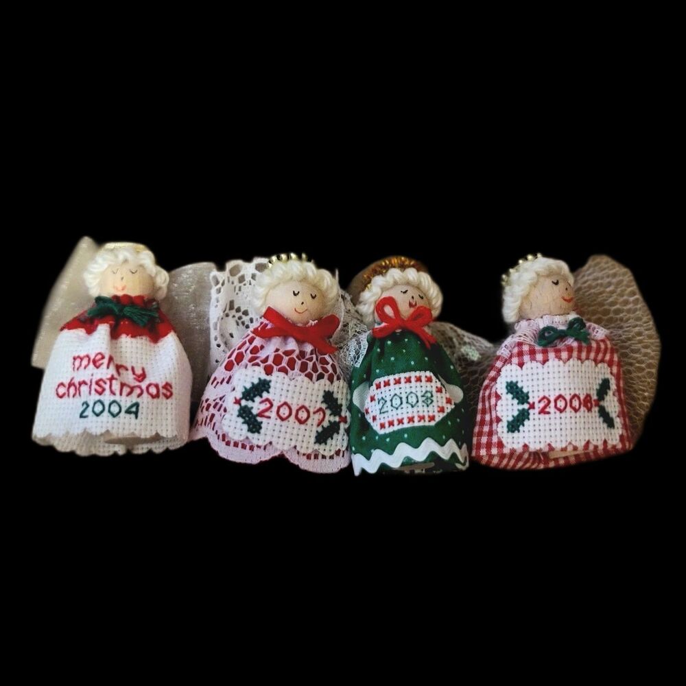 Vintage Lot of 4 Different Christmas Cross-Stitched Dated Wooden Angel Ornaments